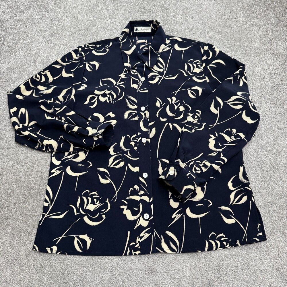 Sanabishi Tokyo Ginza Couture Button Up Blouse Women M Navy Blue Floral Japan